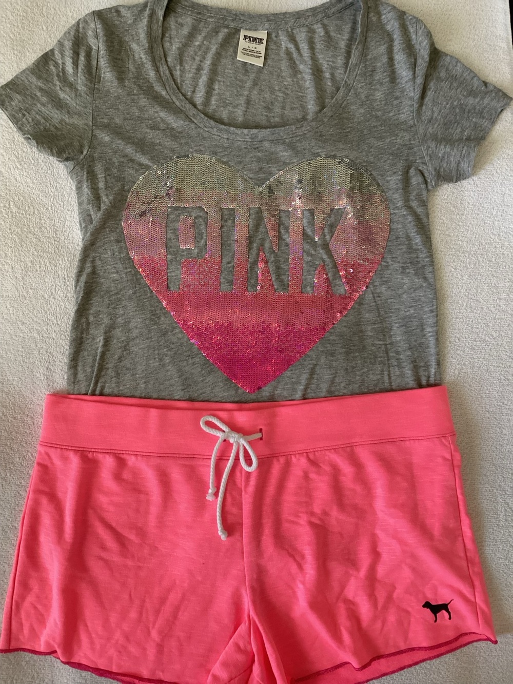 Victoria’s Secret PINK BLING Ombré Heart Shirt Shorts L NWOT